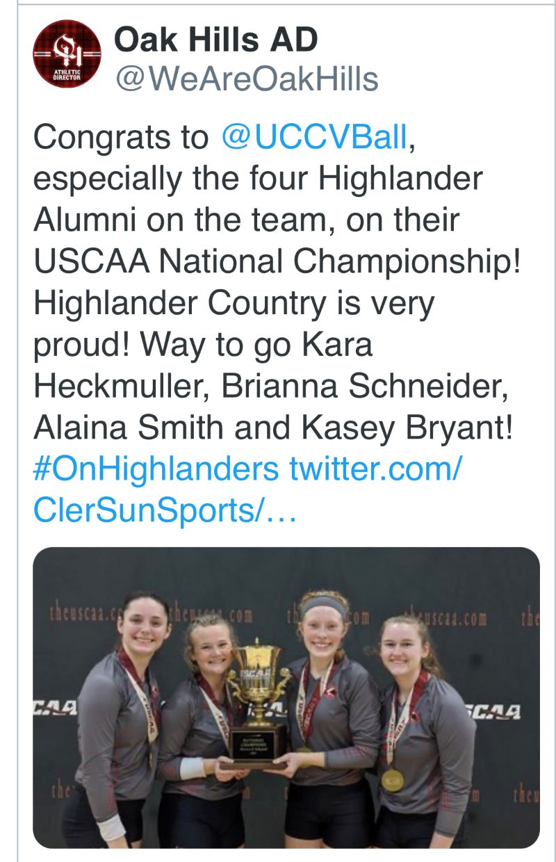 Congrats to OHHS Alumni member of the UCCVBALL team, USCAA National Champs